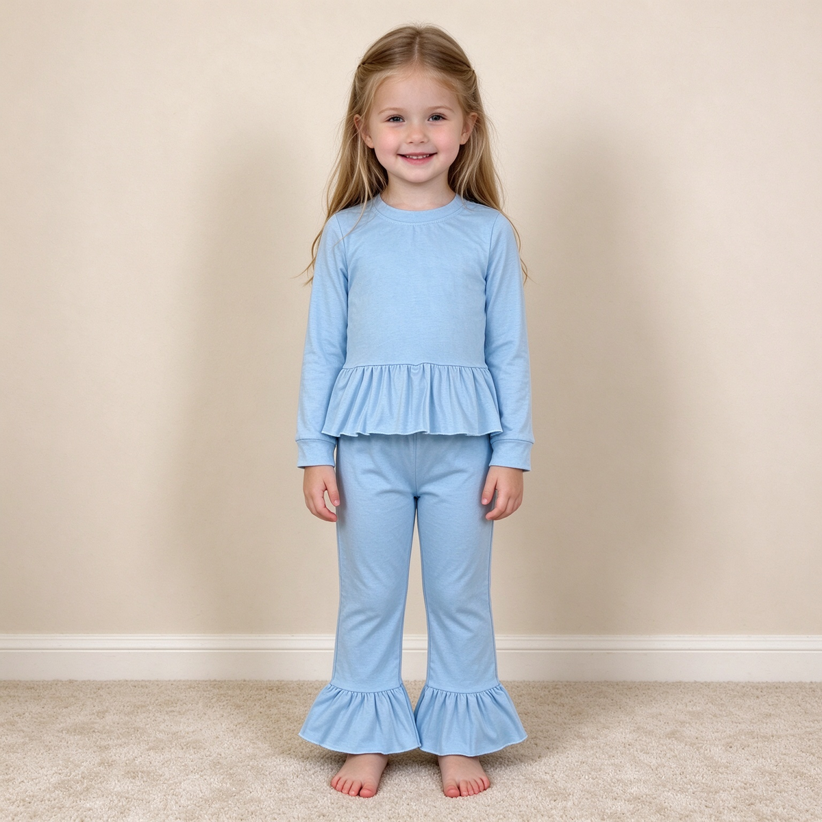 NEW RTS NO MOQ cotton GLP3748 Baby Girls Light Blue Long Sleeve Tunic Ruffle Pant Casual Set