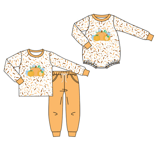 25.7.25 custom each style moq 5eta 4-6week Sibling Sister pumpkin baby boy long sleeve pants sets and rompers match family design