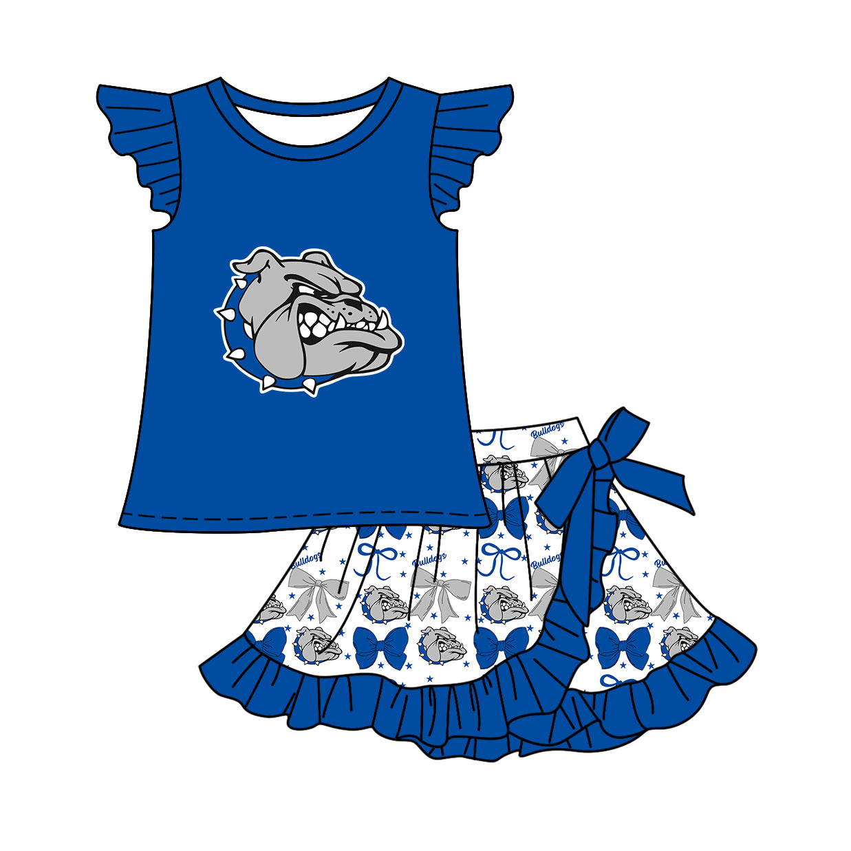 Custom moq 5 mix size milk silk baby girls clothes team bow blue hooded long sleeve tops and and skirts sets and dress and shorts-25.7.17