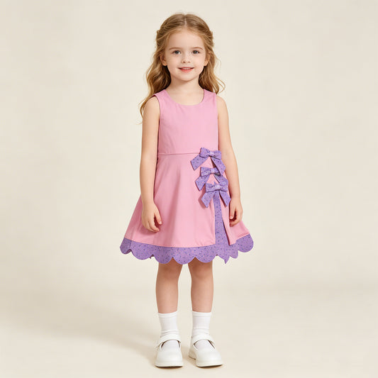 RTS NO MOQ yoga fabric GSD3028 Baby Girls Pink Purple Sleeveless Ruffle Scallop Bows Yoga Active Dresses