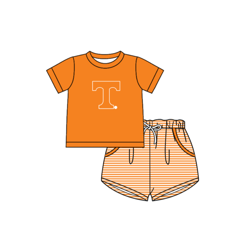 Custom moq 5 mix size milk silk summer teams Baby Boys And Girls Orange Short-Sleeved Shirt And Shorts Set Matching Striped Rompers Outfit Set