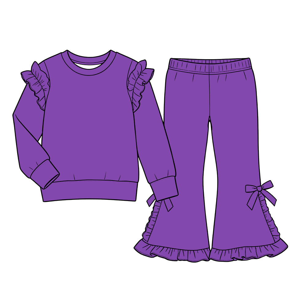 Custom moq 5  cotton fabric girls ruffle sets  solid color blank  Purple long-sleeved sweatshirt with lace trim and flared pants set featuring side bows