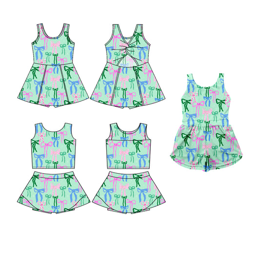 3.19 custom each style moq 5eta 4-6week Sibling Sister bow baby girls clothes Short sleeve yoga dress 1 and dress 2 and jumpsuit match family design