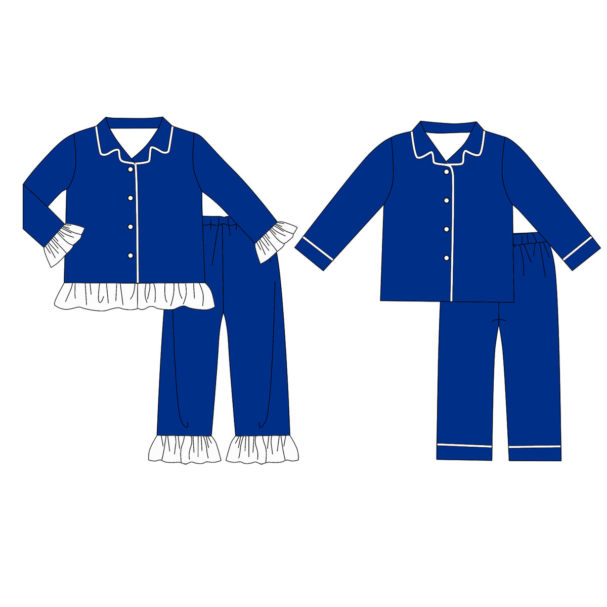 custom moq 5 mix size Baby Boys And Girls Royal Blue Long Sleeve Collared Button Down Pant Pajama Set Kids Sleepwear Set
