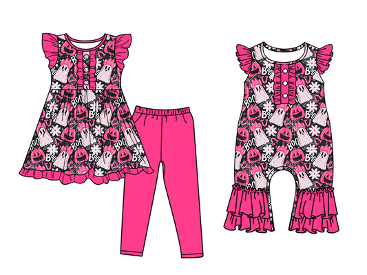 5.5 custom each style moq 5eta 4-6week Sibling Sisters pumpkin ghost baby girl short sleeve pants sets and rompers match family design