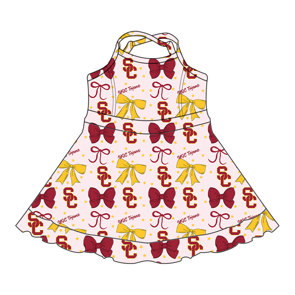 Custom moq 5 mix size milk silk summer teams baby girls clothes team bow brick red sleeveless skirts sets and dress 1 and dress 2 and dress 3-25.6.25