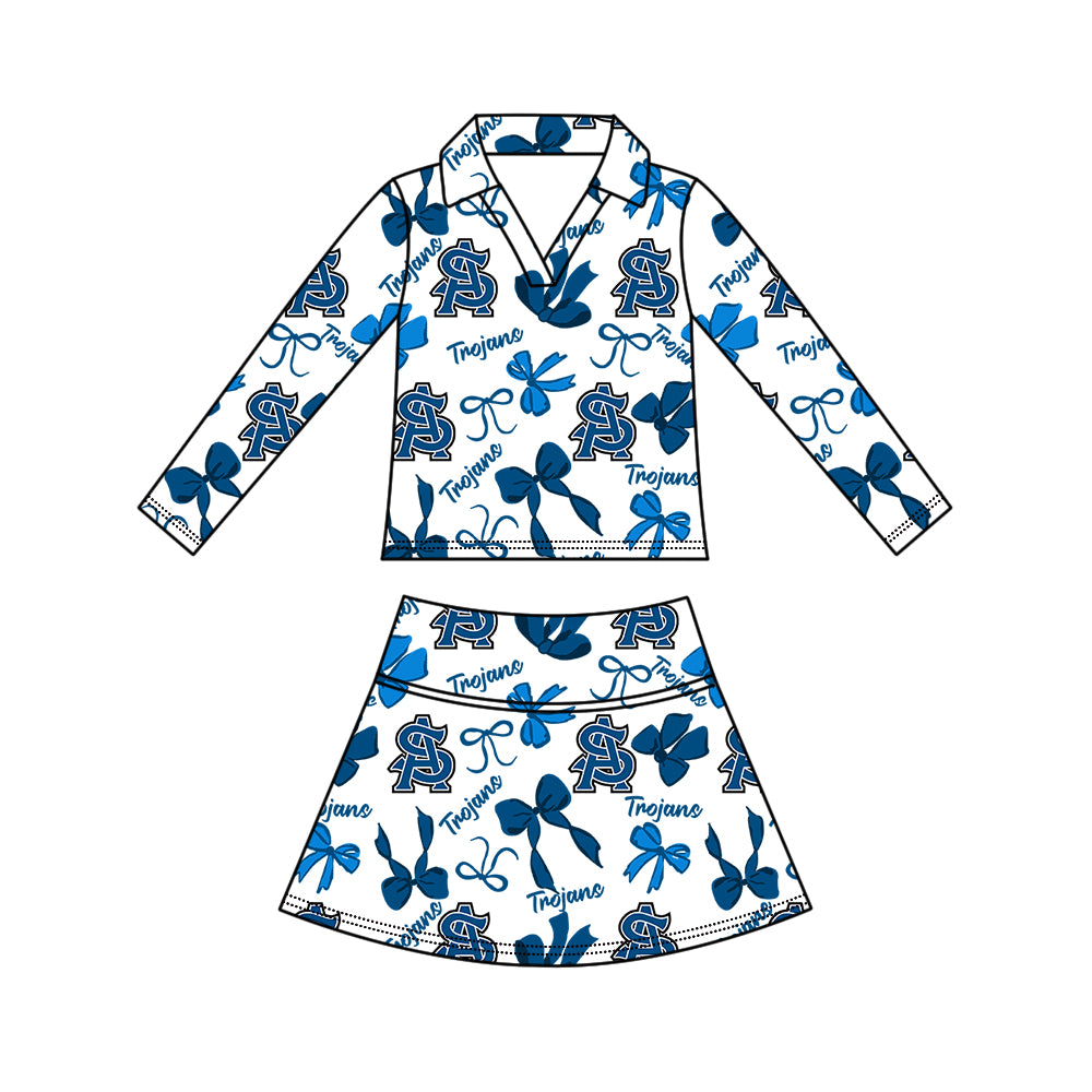 Custom moq 5 mix size milk silk summer teams Girls Polka Dot Top Shorts Set Top Skirt Short Set Blue Zipper Pullover Jogger Pants Set