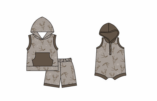 4.9 custom each style moq 5eta 4-6week Sibling Sister deer head baby boy hooded short sleeve shorts sets and romper match design