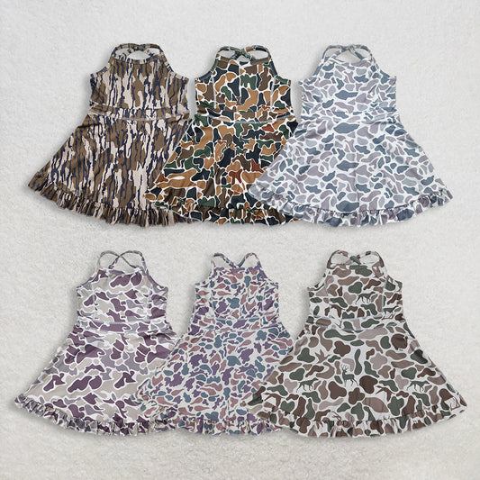 RTS NO MOQ Sibling Baby Girls Camouflage Ruffle Knee-Length Dresses Strap Yoga Dress for Little Girls