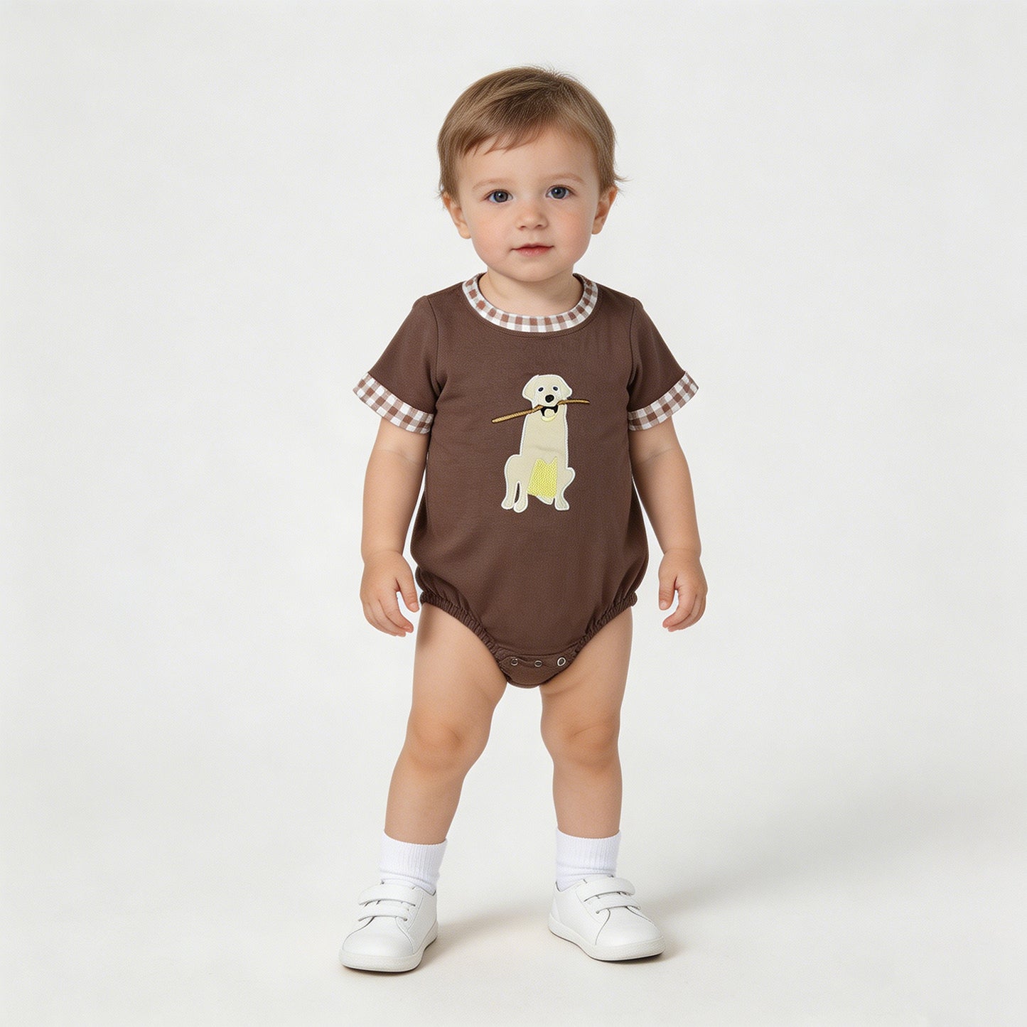 RTS NO MOQ milk silk SR3470 Baby Boys Embroidery Dogs Leaves Brown Short Sleeve Hunting Rompers
