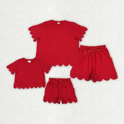 RTS NO MOQ Sibling  Mom And Me Red  Short Sleeve Top With Pockets Scallop Shorts Sets