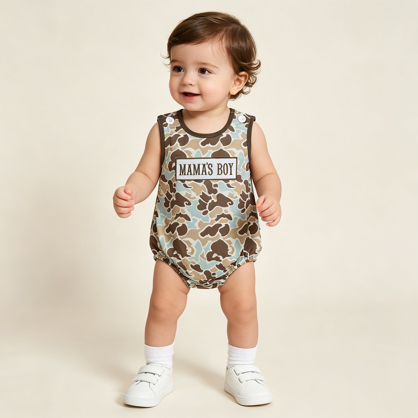 RTS NO MOQ milk silk SR3907 Toddler Cute Boys Mama's Boy Letter Embroidery Camo Casual Romper