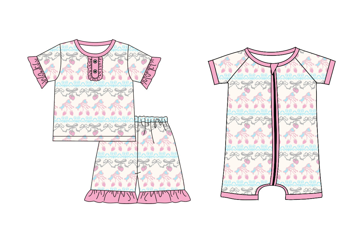 3.24 custom each style moq 5eta 4-6week Sibling Sister strawberry bow baby girl boy short sleeve shorts sets and romper match design