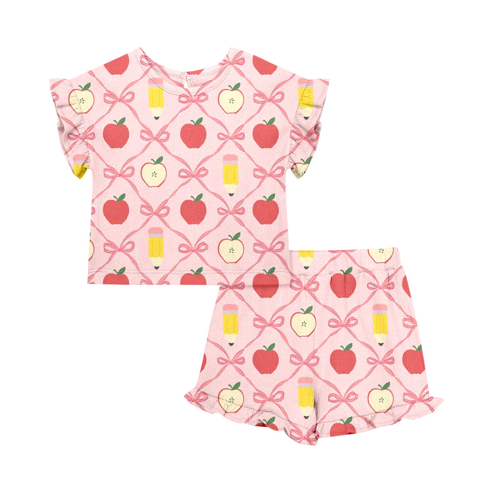 Custom moq 5 mix size Baby Girl's Pink Back To School  Short-Sleeved Top And Shorts Set Cute Outfit