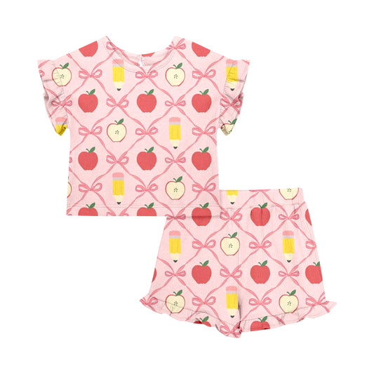 Custom moq 5 mix size Baby Girl's Pink Back To School  Short-Sleeved Top And Shorts Set Cute Outfit