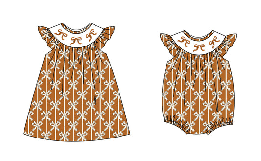 5.1 custom each style moq 5eta 4-6week Sibling Sisters bow girl short sleeve dress and rompers match family design