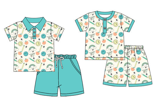 3.9 Custom moq 5 mix size Sibling Baby Boy Back To School Short-Sleeved Pajama Set with Matching Short-Sleeved Polo Shirt And Shorts