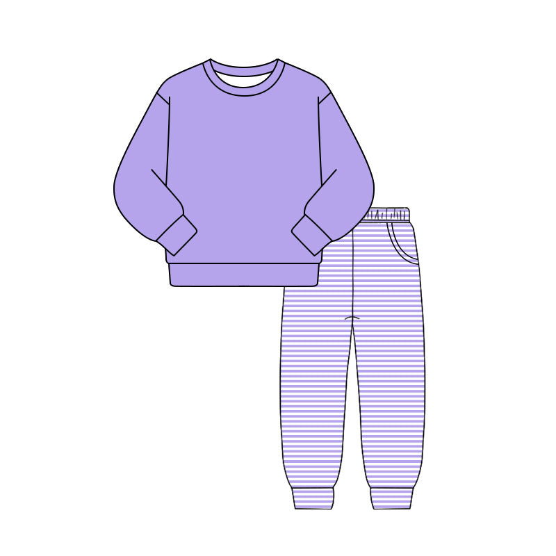 custom moq 5 mix size LHGNDN0108 Toddler Girls Solid Long Sleeve Top Stripe Jogger Pants Set Pocket Casual Outfit