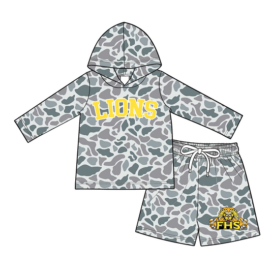 custom moq 5 mix size LYWD0303 Adult And Kids Grey Camo Print Long Sleeve Hooded Top Matching Camo Shorts Two Piece Clothes Set