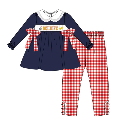 Custom moq 5 each style eta 6-7weeks baby girl clothes BELIEVE long sleeve pants set 2 and rompers 2-25.7.28