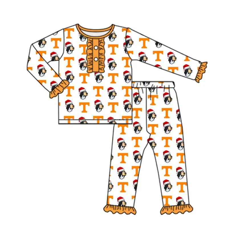 Deadline November 2 custom no moq eta 6-8weeks Orange Letter T-Christmas Puppy Button Pleated Long Sleeve Suit