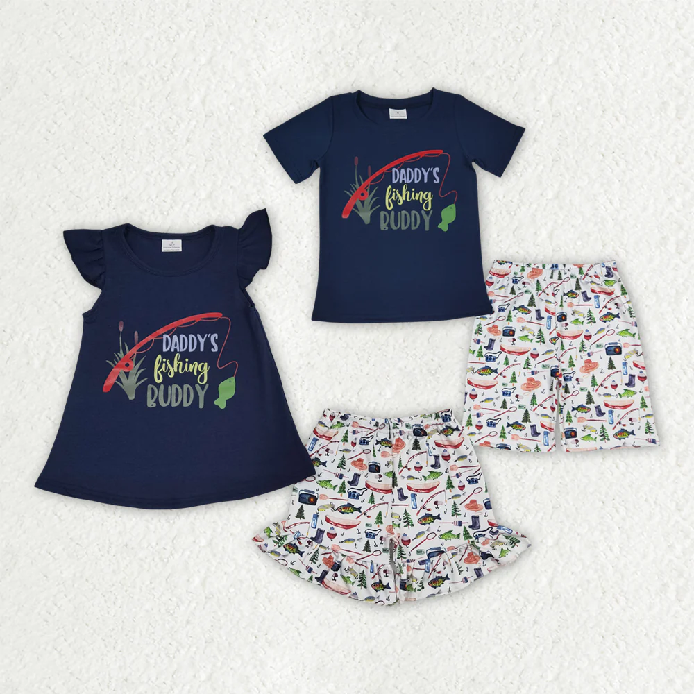 RTS NO MOQ baby girls clothes offset daddys fishing navy blue short sleeve Clothes Sets
