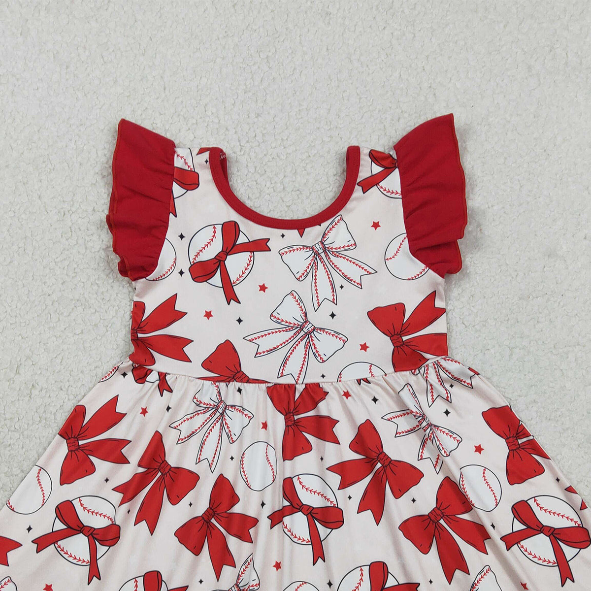 RTS NO MOQ GSD3456 Baby Girls Knee-Length Dress with Flutter Sleeves And Baseball Bows Team Outfit