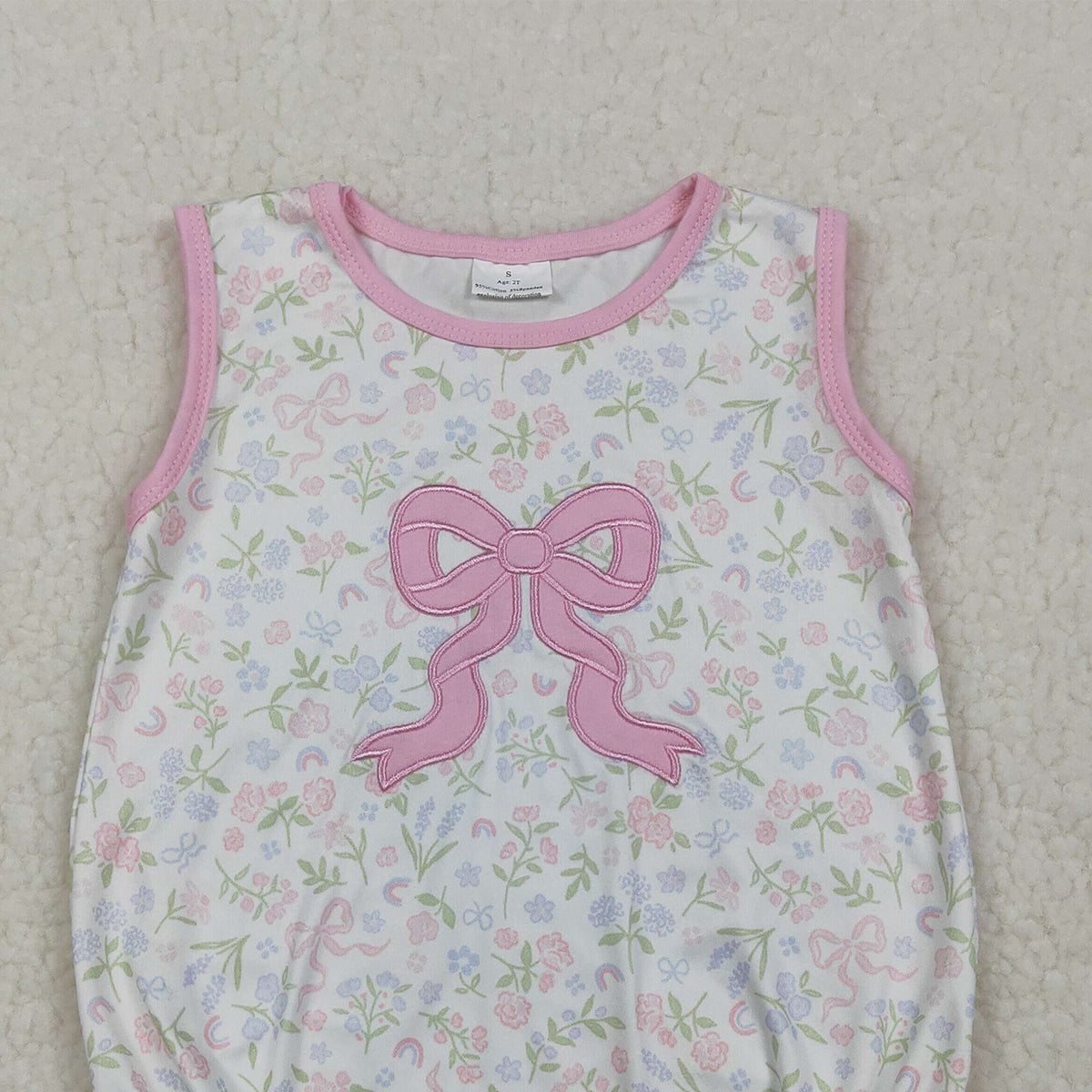 RTS NO MOQ SR3727 Pink Bow Embroidery Baby Girls Rompers Sleeveless Flowers Ruffle