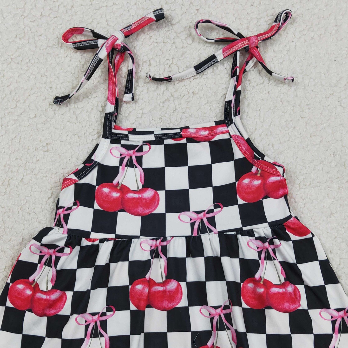 RTS NO MOQ SR3854 Baby Girls Cute Strap Black Checked Cherry Ruffle Rompers