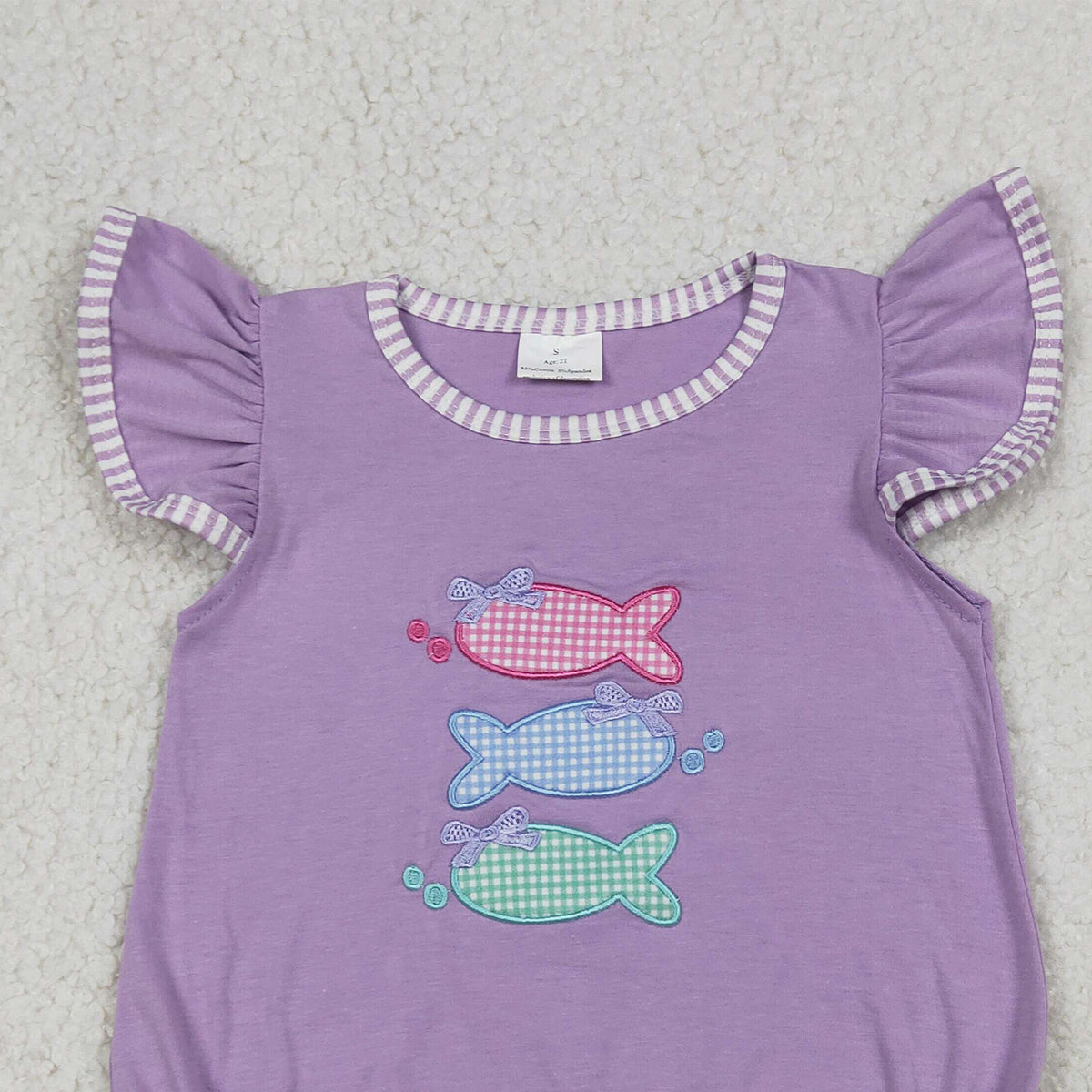 RTS NO MOQ SR4006 Baby Girls Embroidery Fishes Rompers with Flutter Sleeves And Ruffle Hunting Style for Girls