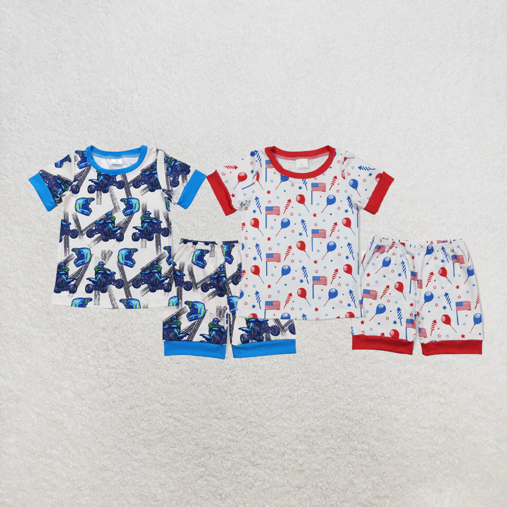 RTS NO MOQ Sibling Baby Boys Blue Motobike Shirt Top Shorts Pajamas Clothes Sets