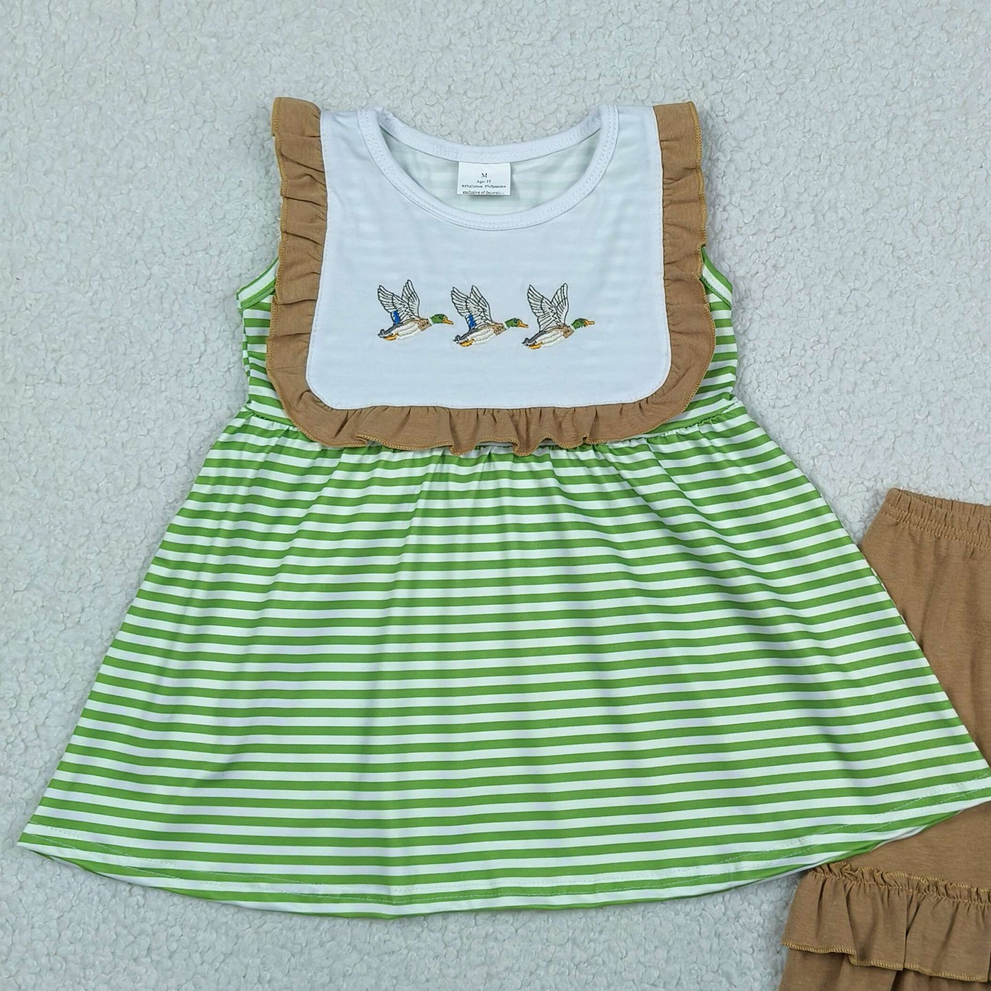 RTS NO MOQ GSSO3432 Toddler Girls Duck Embroidery Sleeveless Stripe Tunic Ruffle Short Clothes