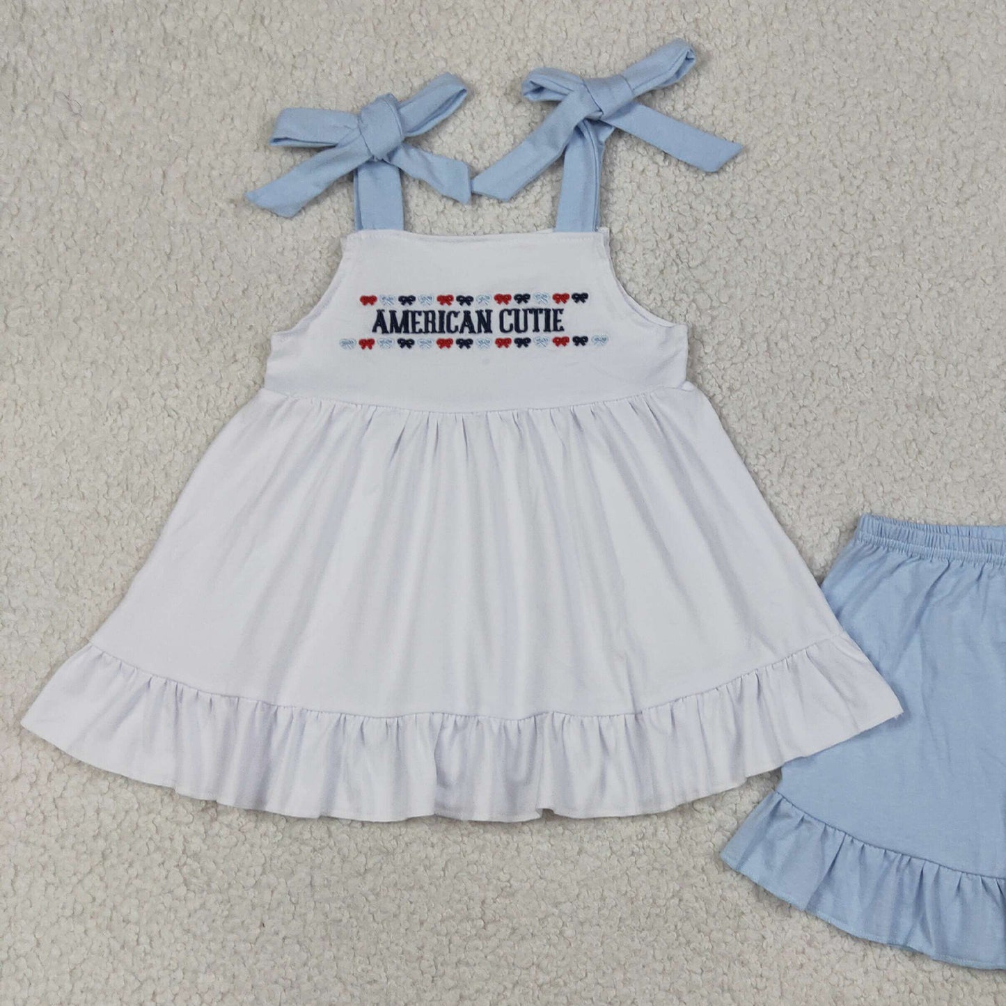 RTS NO MOQ milk silk GSSO3480 Baby Girls 4th of July Cute Embroidered Strap Two Piece Outfit