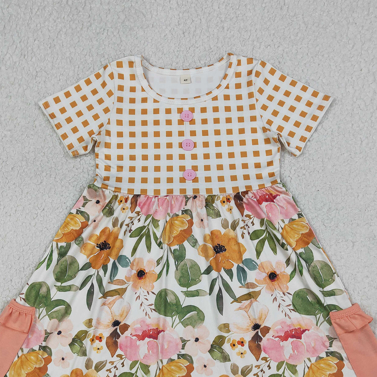 RTS NO MOQ GSD4095 Baby Girls Short Sleeve with Flowers Button Pockets Ruffle  Knee-Length Dress （6-12M-7-8T）