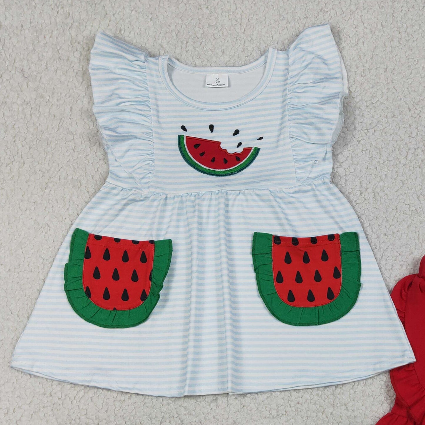 RTS NO MOQ milk silk GSSO3636 Embroidery Watermelon Baby Girls Blue Stripe Pocket Ruffle Short Suits