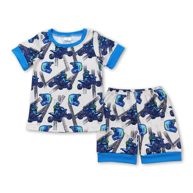 RTS NO MOQ Sibling Baby Boys Blue Motobike Shirt Top Shorts Pajamas Clothes Sets