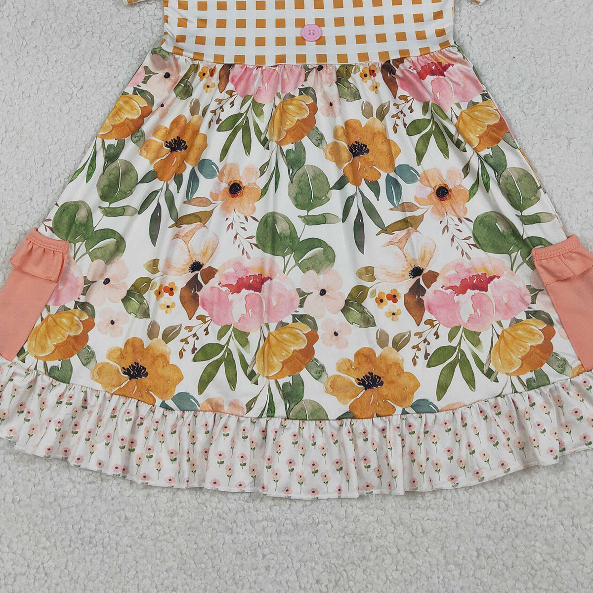 RTS NO MOQ GSD4095 Baby Girls Short Sleeve with Flowers Button Pockets Ruffle  Knee-Length Dress （6-12M-7-8T）