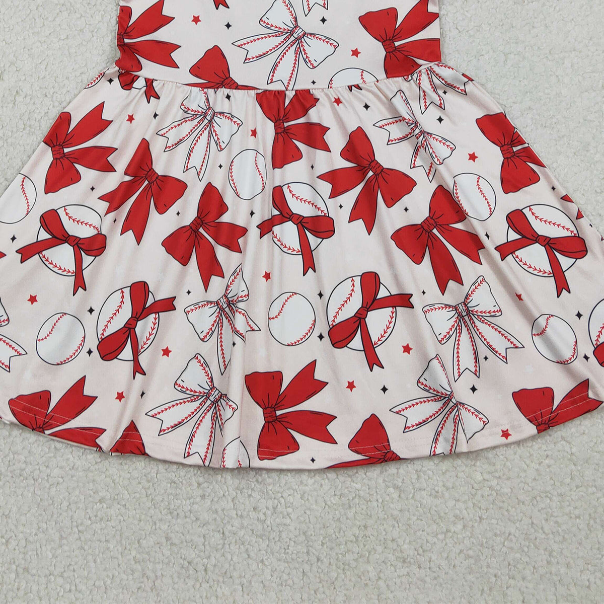 RTS NO MOQ GSD3456 Baby Girls Knee-Length Dress with Flutter Sleeves And Baseball Bows Team Outfit