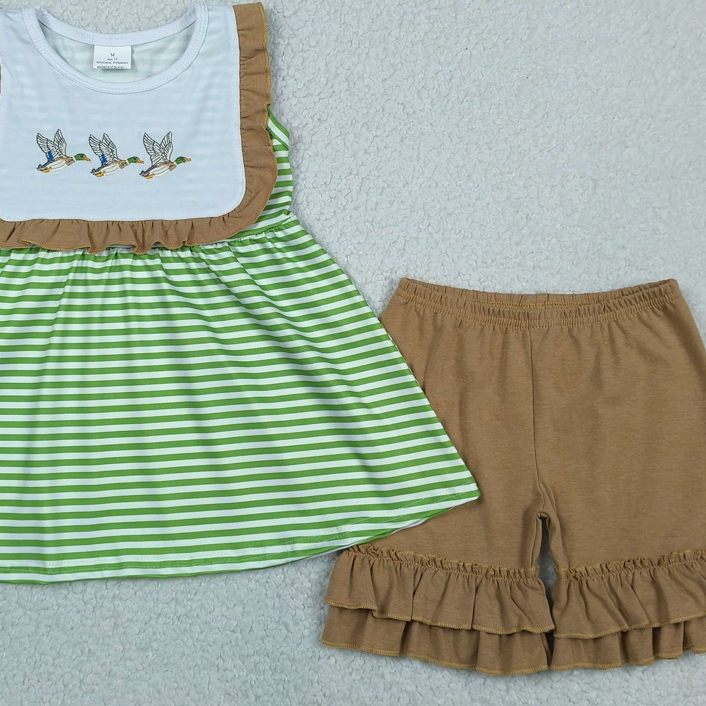 RTS NO MOQ GSSO3432 Toddler Girls Duck Embroidery Sleeveless Stripe Tunic Ruffle Short Clothes