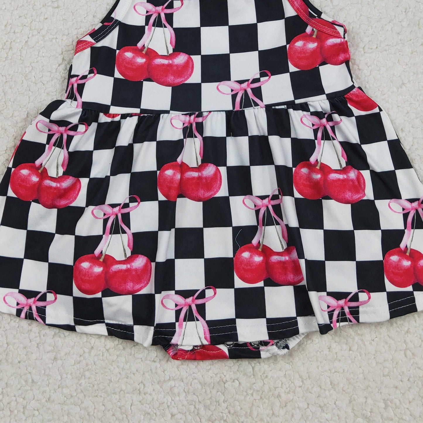 RTS NO MOQ SR3854 Baby Girls Cute Strap Black Checked Cherry Ruffle Rompers