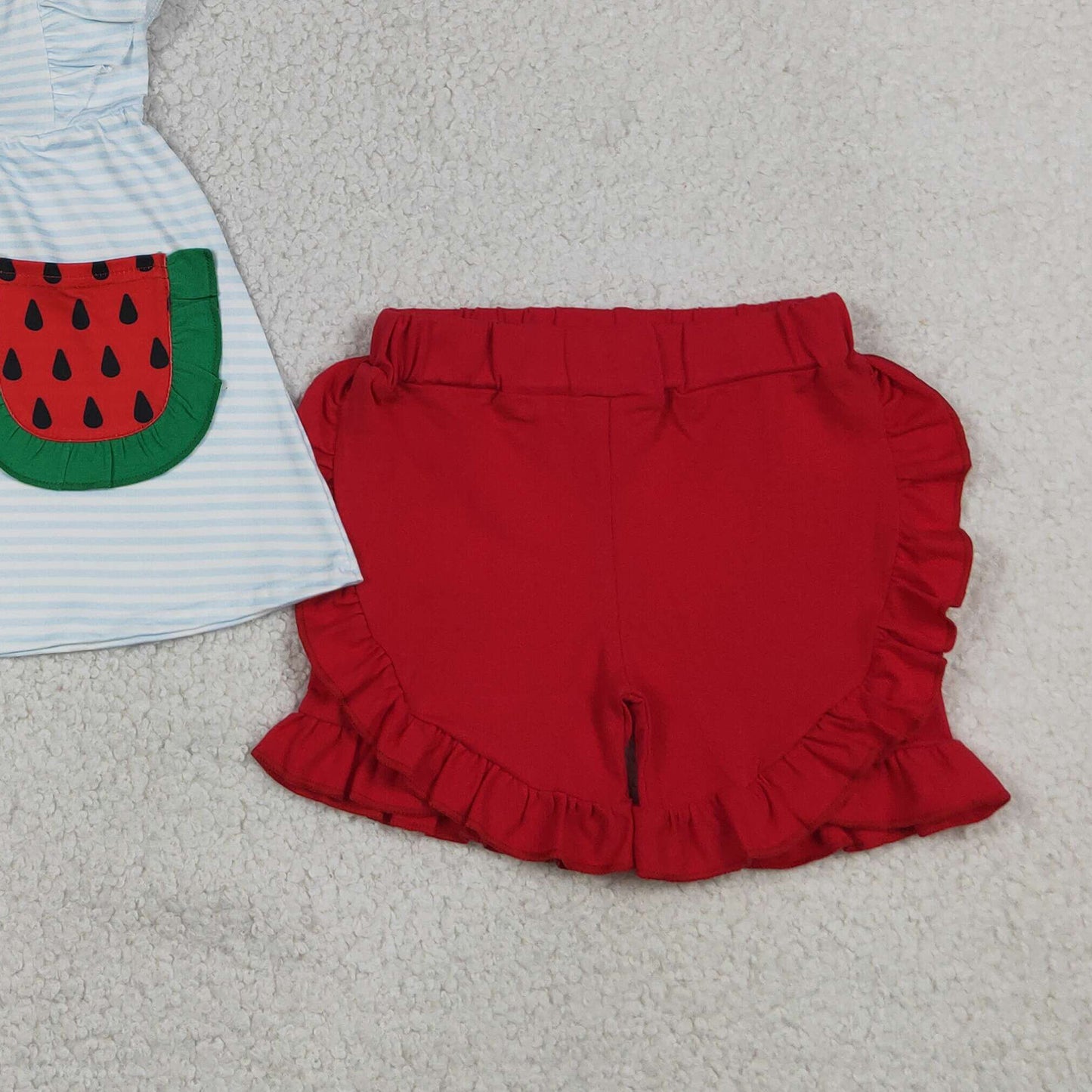 RTS NO MOQ milk silk GSSO3636 Embroidery Watermelon Baby Girls Blue Stripe Pocket Ruffle Short Suits