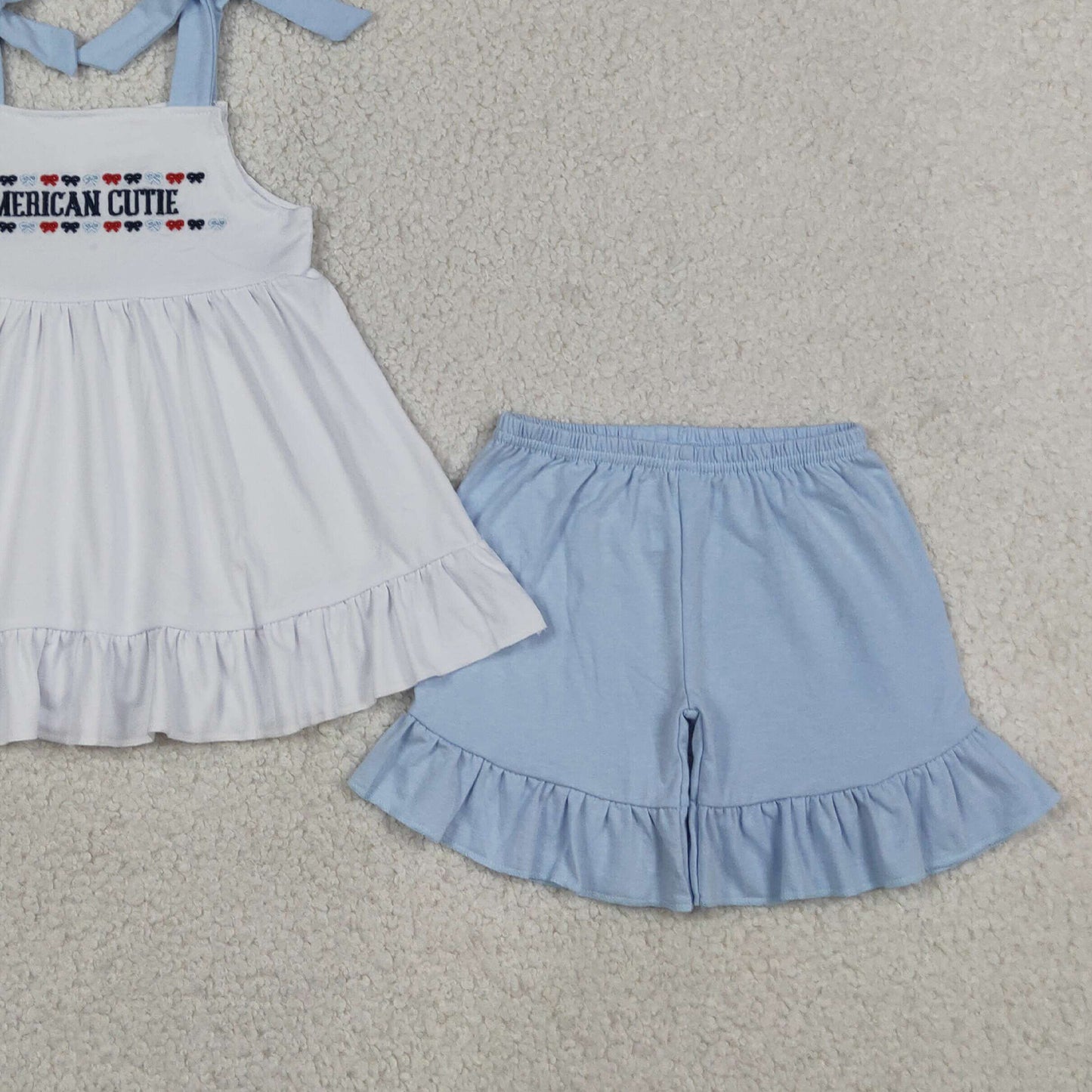 RTS NO MOQ milk silk GSSO3480 Baby Girls 4th of July Cute Embroidered Strap Two Piece Outfit