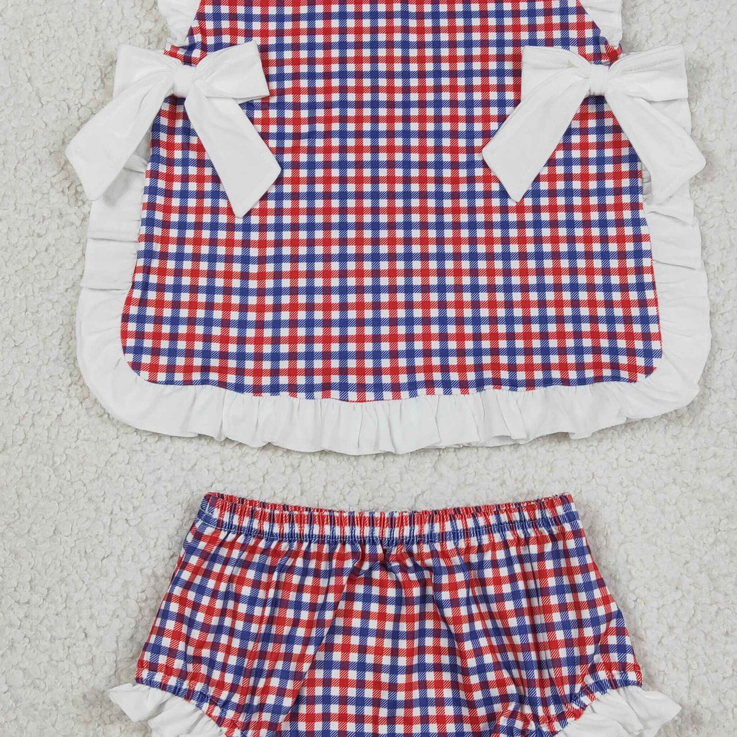 RTS NO MOQ Sibling milk silk Baby Girls Checked Bows Tunic Bummies Clothes Sets