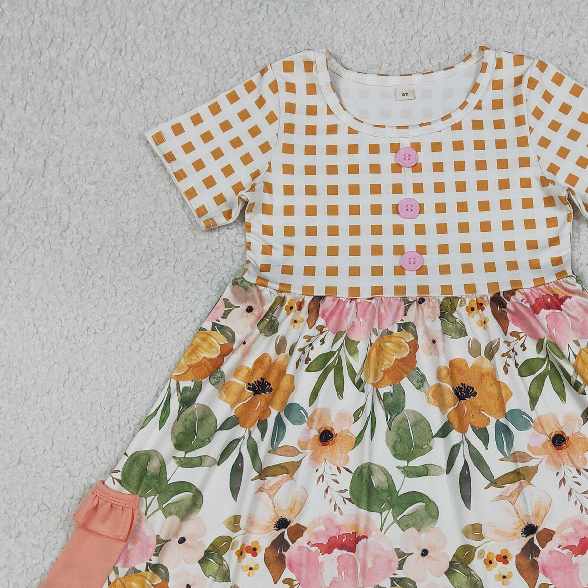 RTS NO MOQ GSD4095 Baby Girls Short Sleeve with Flowers Button Pockets Ruffle  Knee-Length Dress （6-12M-7-8T）