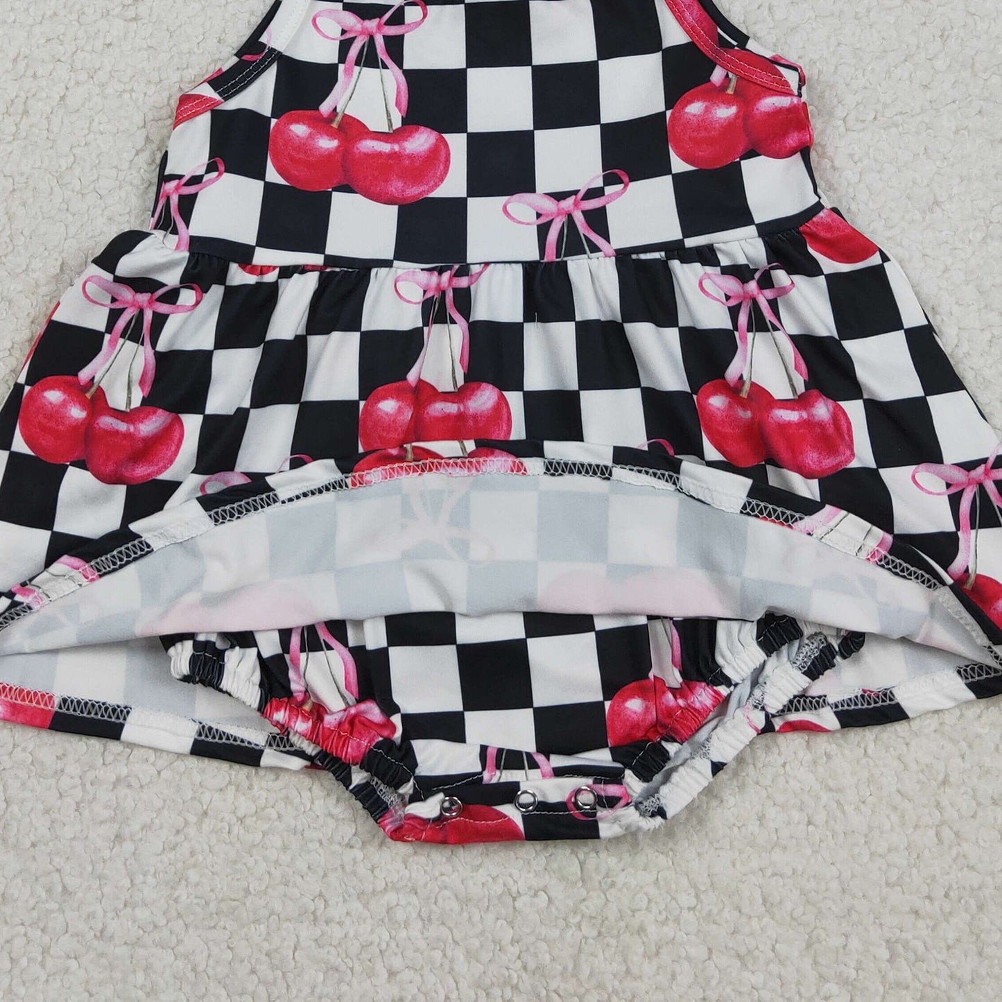 RTS NO MOQ SR3854 Baby Girls Cute Strap Black Checked Cherry Ruffle Rompers