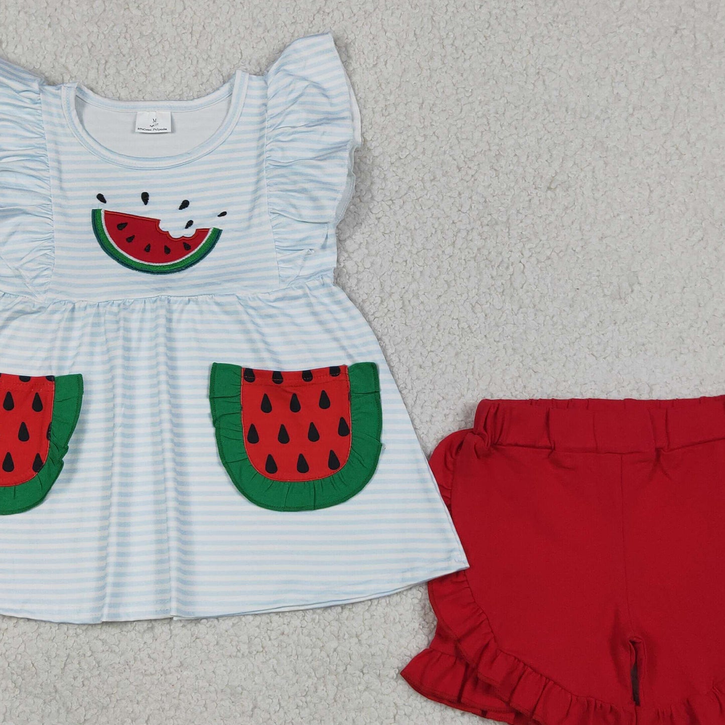 RTS NO MOQ milk silk GSSO3636 Embroidery Watermelon Baby Girls Blue Stripe Pocket Ruffle Short Suits