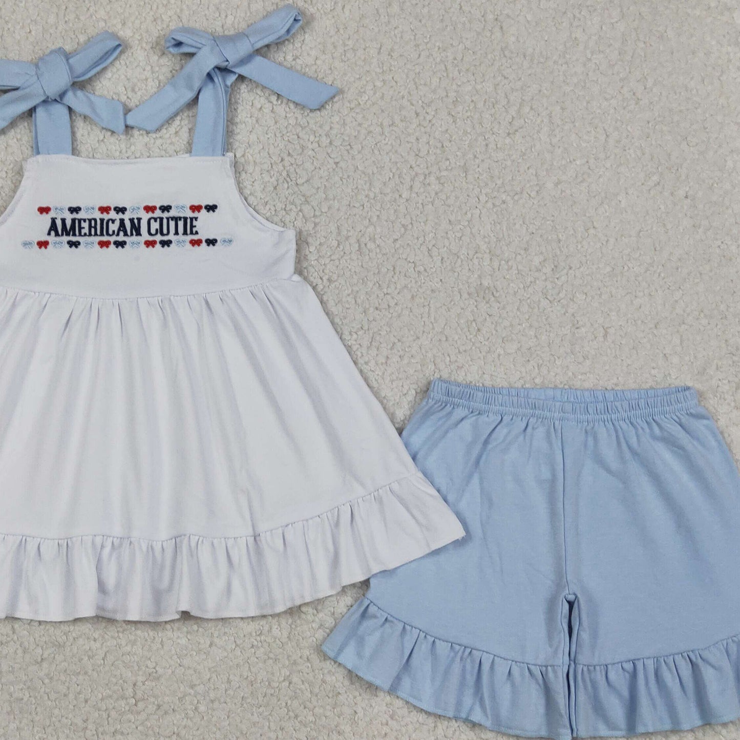 RTS NO MOQ milk silk GSSO3480 Baby Girls 4th of July Cute Embroidered Strap Two Piece Outfit