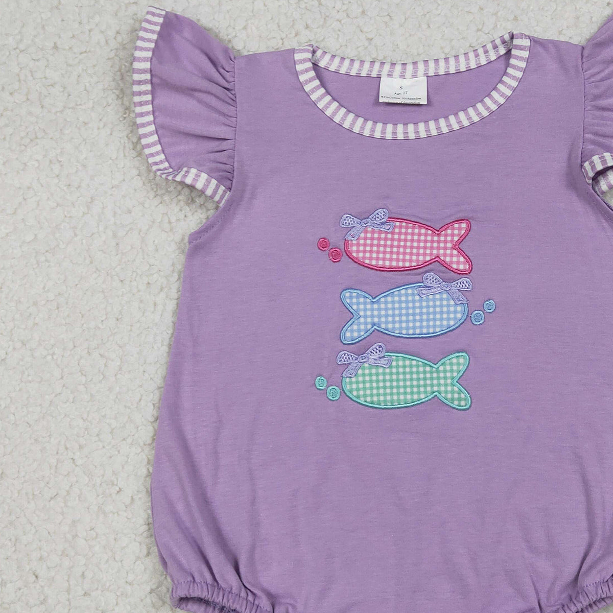 RTS NO MOQ SR4006 Baby Girls Embroidery Fishes Rompers with Flutter Sleeves And Ruffle Hunting Style for Girls