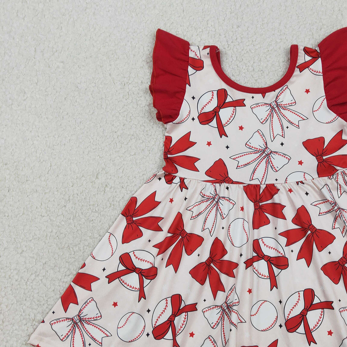 RTS NO MOQ GSD3456 Baby Girls Knee-Length Dress with Flutter Sleeves And Baseball Bows Team Outfit