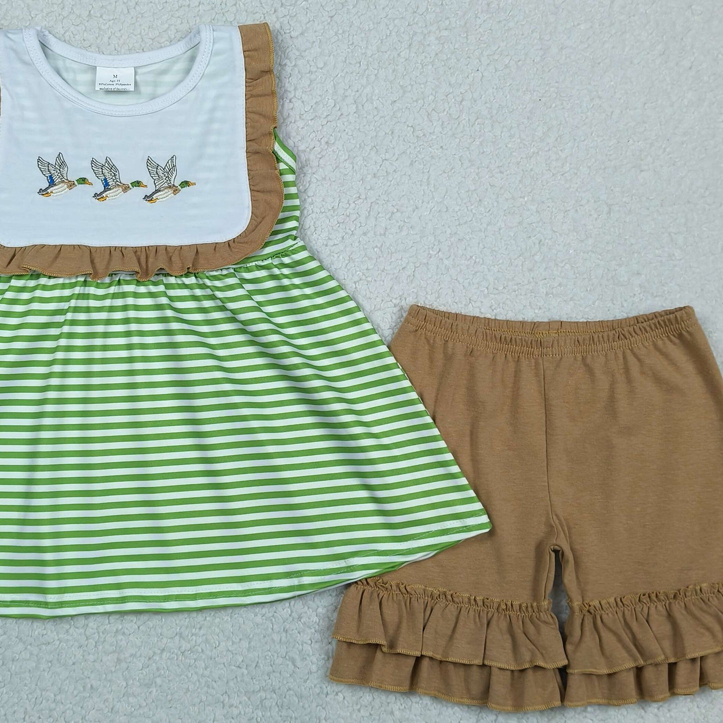 RTS NO MOQ GSSO3432 Toddler Girls Duck Embroidery Sleeveless Stripe Tunic Ruffle Short Clothes